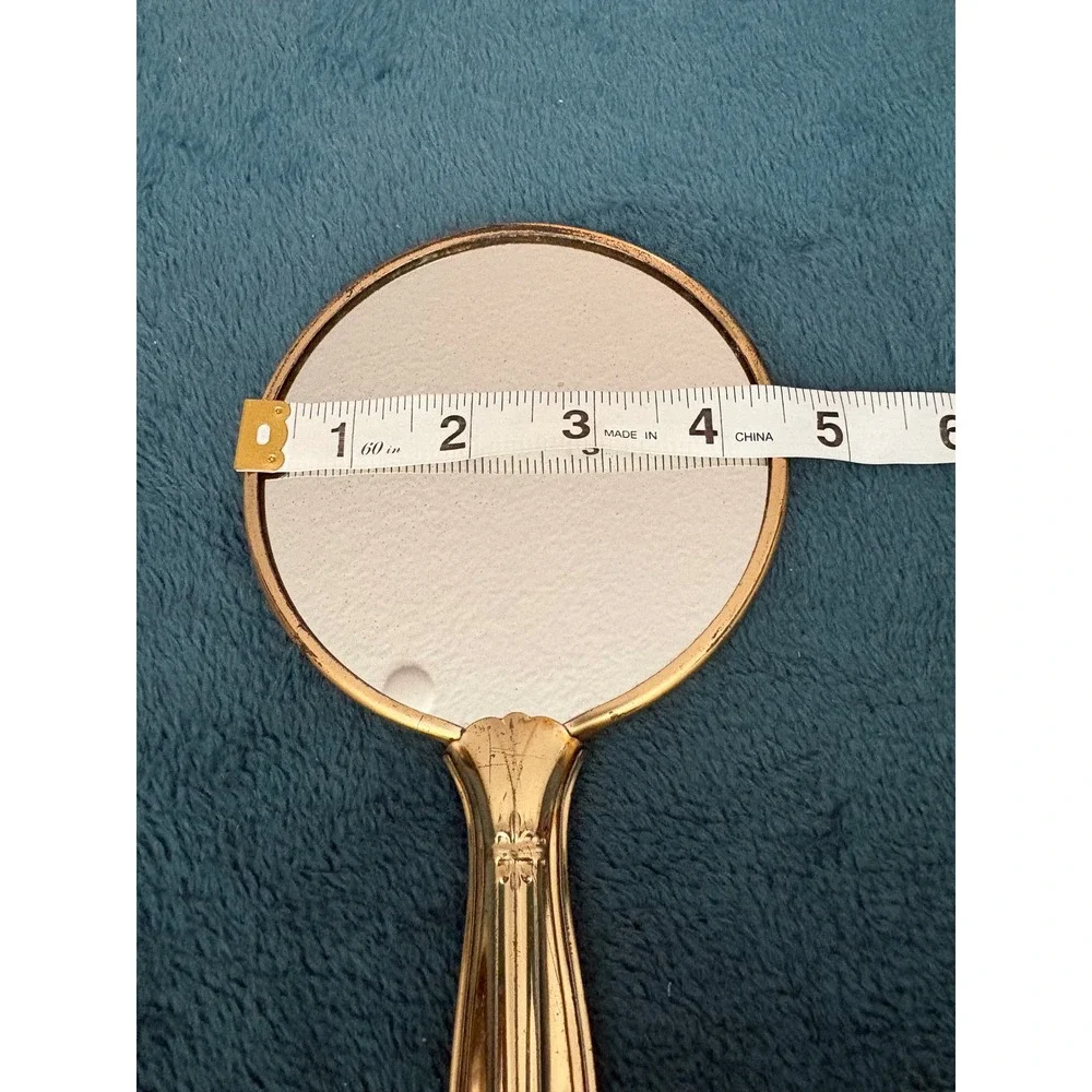 Vintage Floral Hand Mirror Gold Tone Metal Fluted Handle Round Vanity Mirror